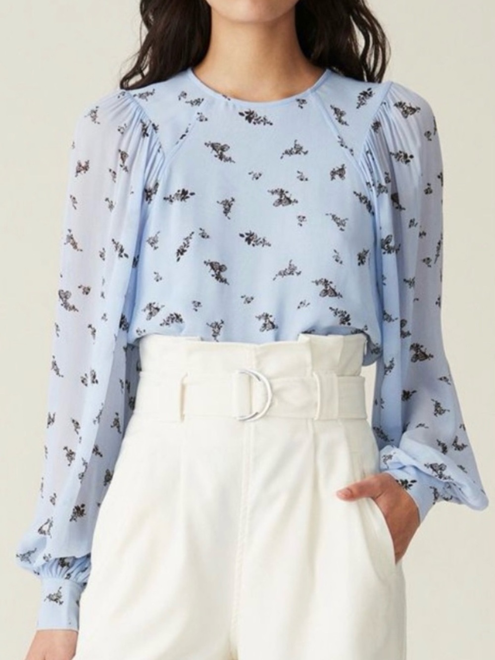 Ganni Printed Georgette Blue Floral Print Long Sleeve Blouse Puff Sleeve 34
